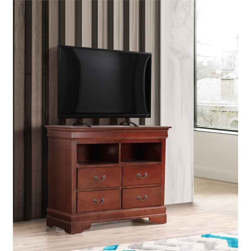 Maklaine Wood Veneers Cherry TV Stand Dovetailed Drawers 42