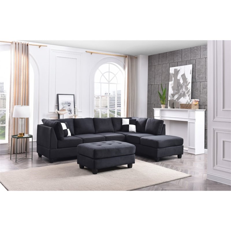 Maklaine Contemporary Microsuede Versatile Sectional in Black Finish
