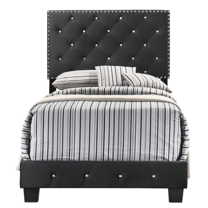 Maklaine Transitional Upholstered Velvet Twin Bed in Black Finish