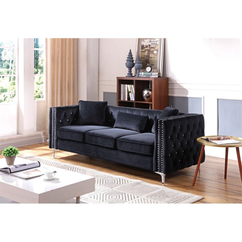 Maklaine Contemporary Soft Velvet Jeweled Buttoned Tufted Sofa in Black