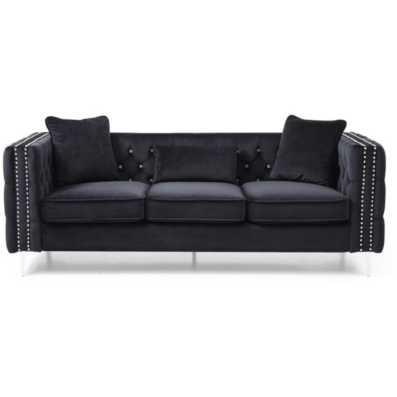 Maklaine Contemporary Soft Velvet Jeweled Buttoned Tufted Sofa in Black