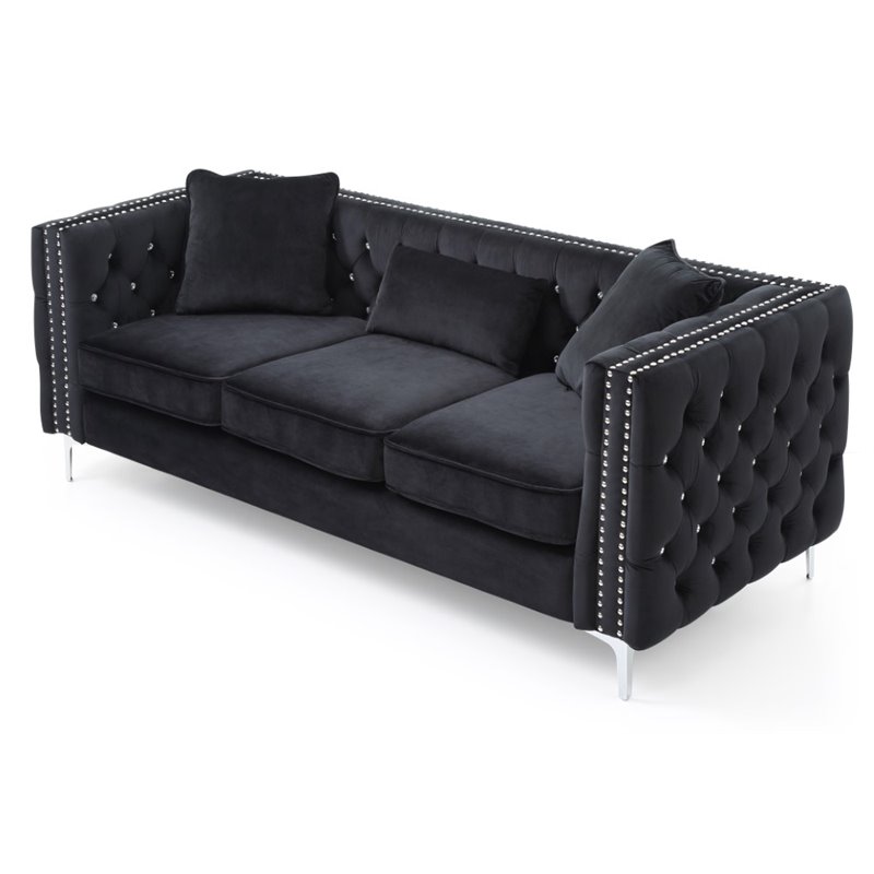 Maklaine Contemporary Soft Velvet Jeweled Buttoned Tufted Sofa in Black
