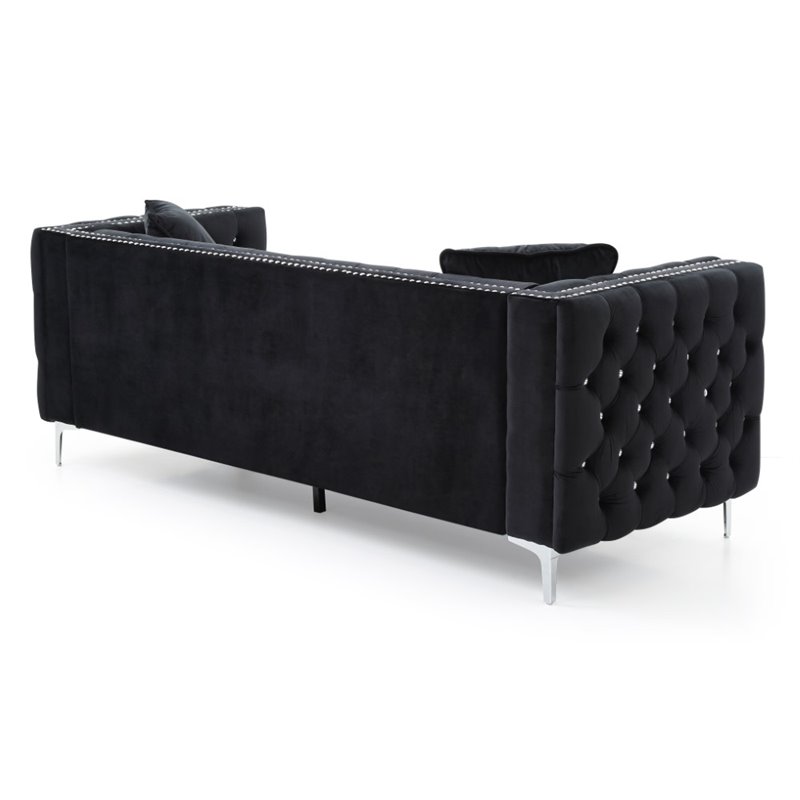 Maklaine Contemporary Soft Velvet Jeweled Buttoned Tufted Sofa in Black
