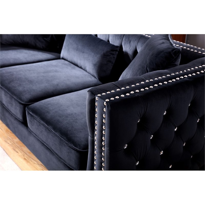 Maklaine Contemporary Soft Velvet Jeweled Buttoned Tufted Sofa in Black