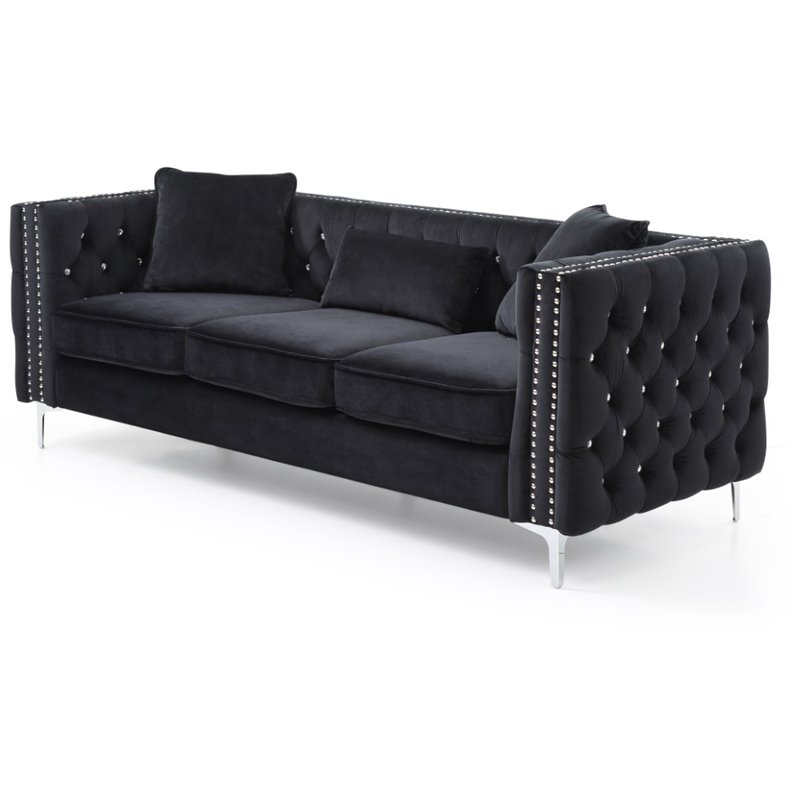 Maklaine Contemporary Soft Velvet Jeweled Buttoned Tufted Sofa in Black