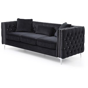 Maklaine Contemporary Soft Velvet Jeweled Buttoned Tufted Sofa in Black