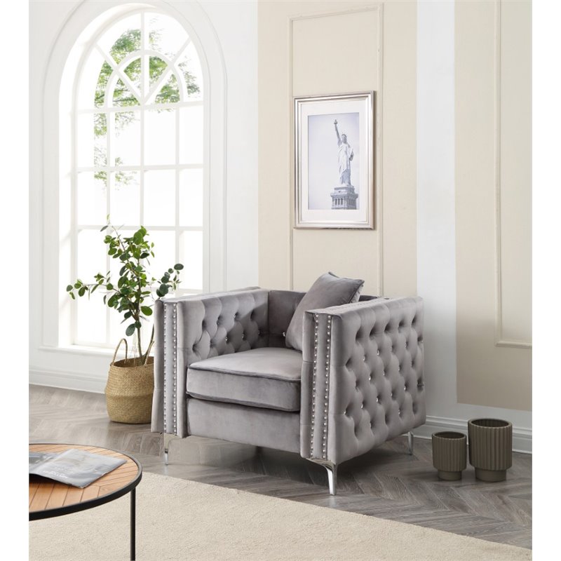 Maklaine Contemporary Soft Velvet Jeweled Buttoned Tufted Chair in Gray