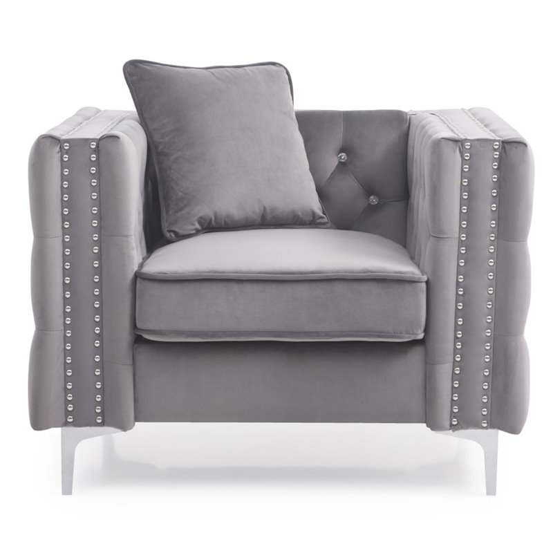Maklaine Contemporary Soft Velvet Jeweled Buttoned Tufted Chair in Gray