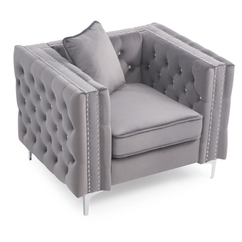 Maklaine Contemporary Soft Velvet Jeweled Buttoned Tufted Chair in Gray