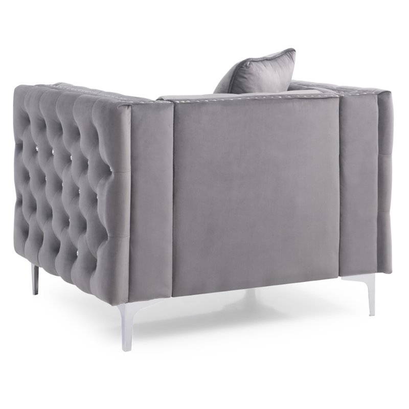 Maklaine Contemporary Soft Velvet Jeweled Buttoned Tufted Chair in Gray