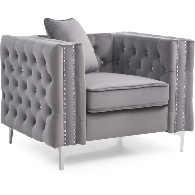 Maklaine Contemporary Soft Velvet Jeweled Buttoned Tufted Chair in Gray