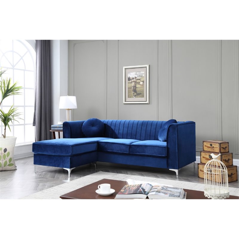 Maklaine Contemporary Soft Velvet Channel Tufted Sofa Chaise in Navy Blue