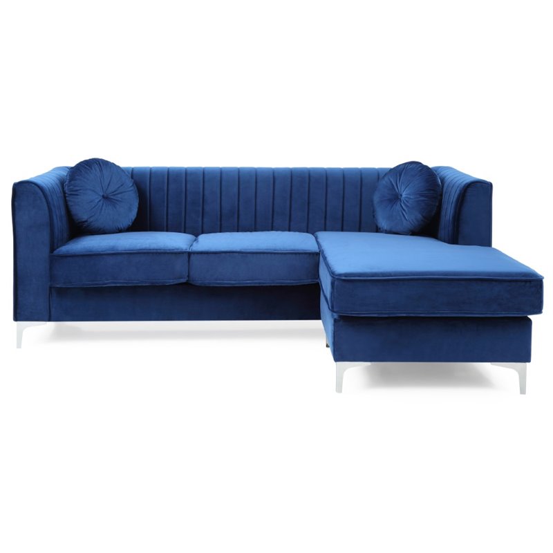 Maklaine Contemporary Soft Velvet Channel Tufted Sofa Chaise in Navy Blue