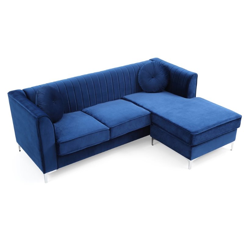 Maklaine Contemporary Soft Velvet Channel Tufted Sofa Chaise in Navy Blue