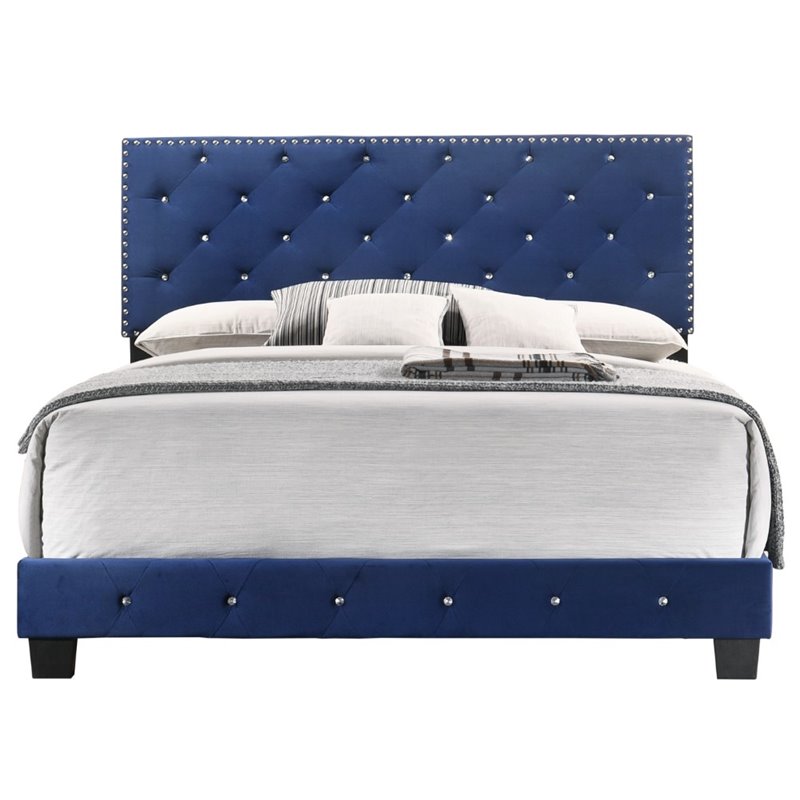 Maklaine Transitional Upholstered Velvet Queen Bed in Navy Blue
