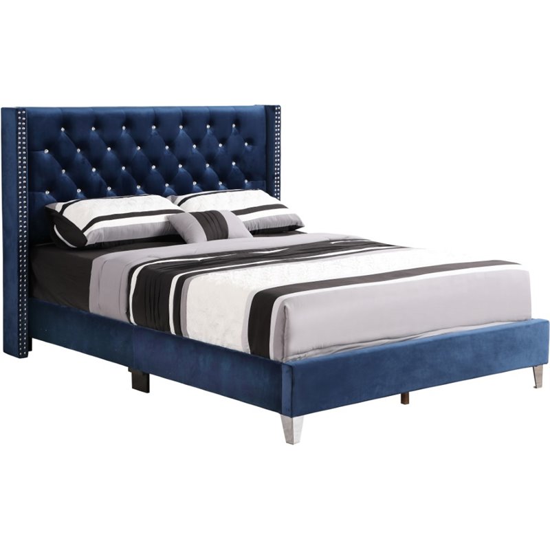 Maklaine Transitional Upholstered Velvet Queen Bed in Navy Blue