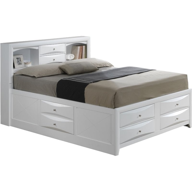Maklaine Wood Full Bookcase Storage Bed with Open Shelves & Drawers in White