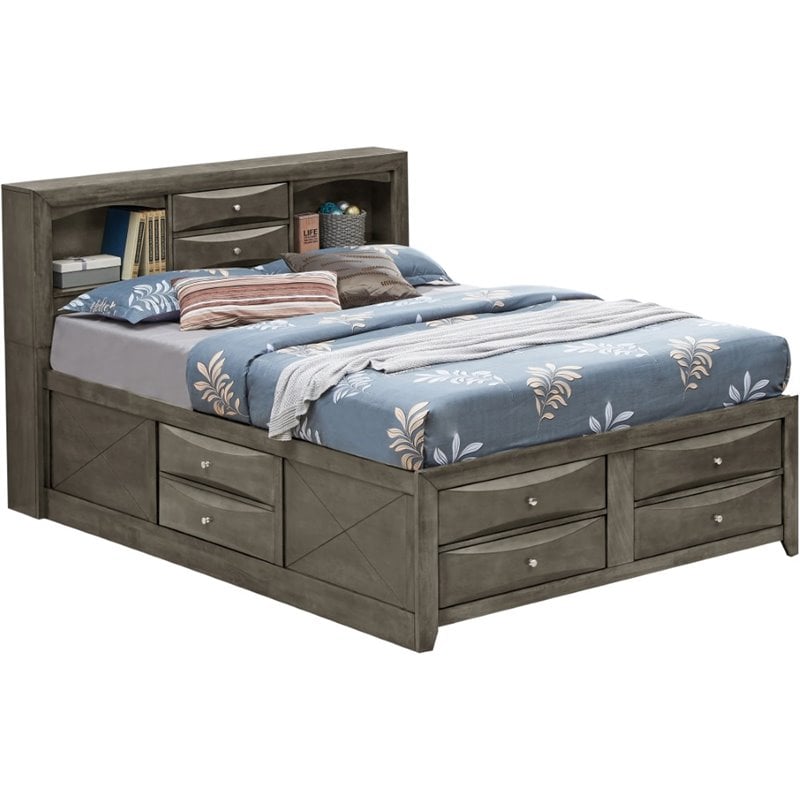 Maklaine Contemporary Wood Queen Bookcase Storage Bed in Gray