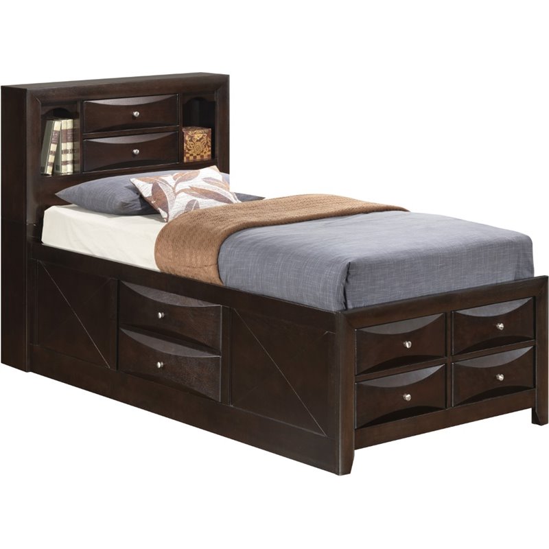 Maklaine Wood Twin Bookcase Storage Bed with Open Shelves & Drawers in Espresso
