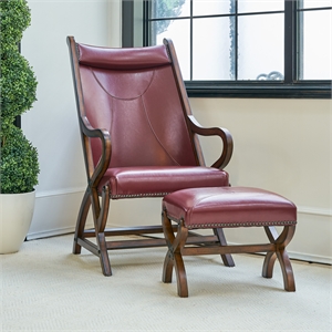 maklaine traditional leather chair & ottoman set in cherry finish
