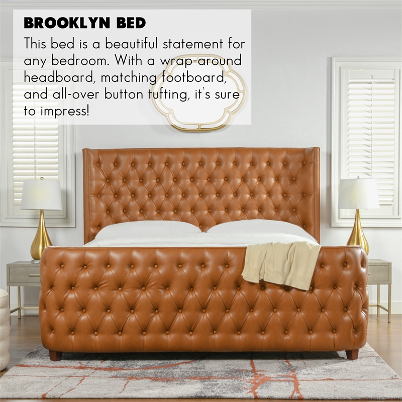 Maklaine Faux Leather Tufted Bed King in Caramel Tan Brown Finish