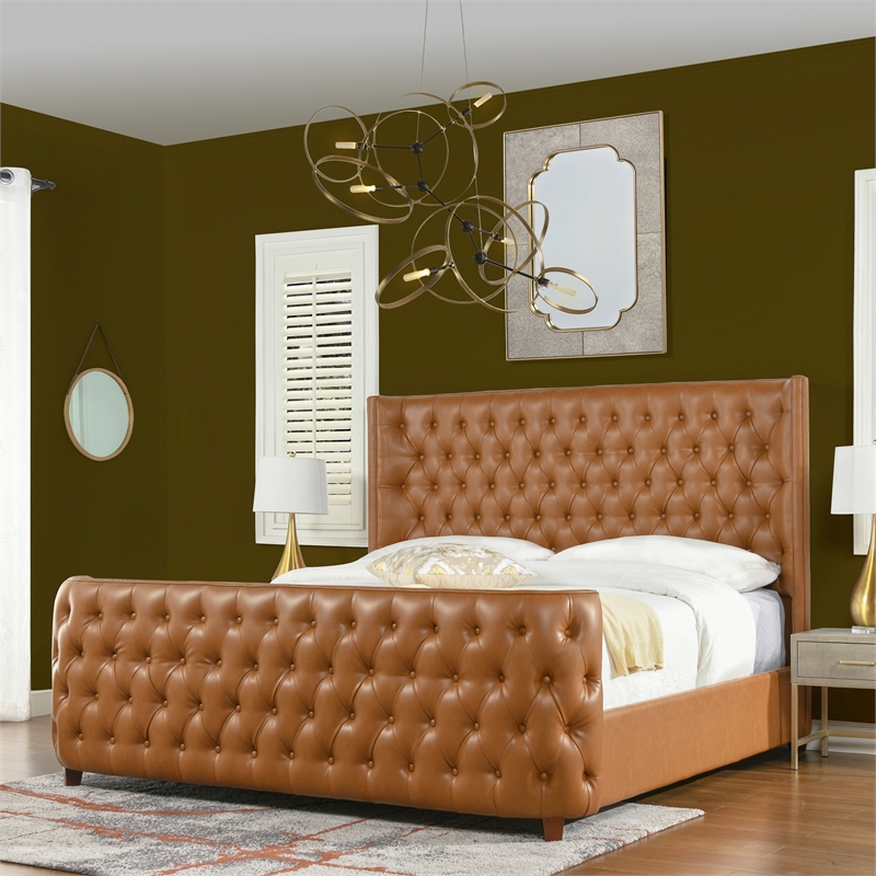 Maklaine Faux Leather Tufted Bed King in Caramel Tan Brown Finish