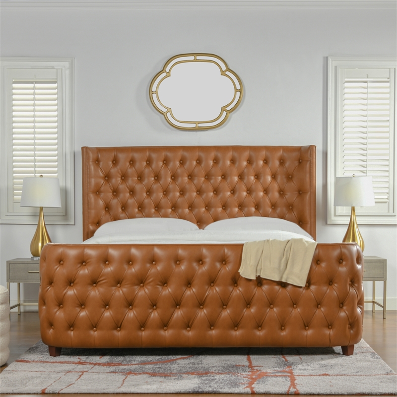 Maklaine Faux Leather Tufted Bed King in Caramel Tan Brown Finish