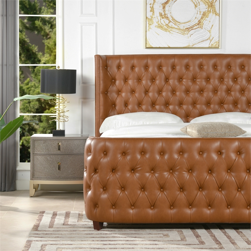 Maklaine Faux Leather Tufted Bed King in Caramel Tan Brown Finish