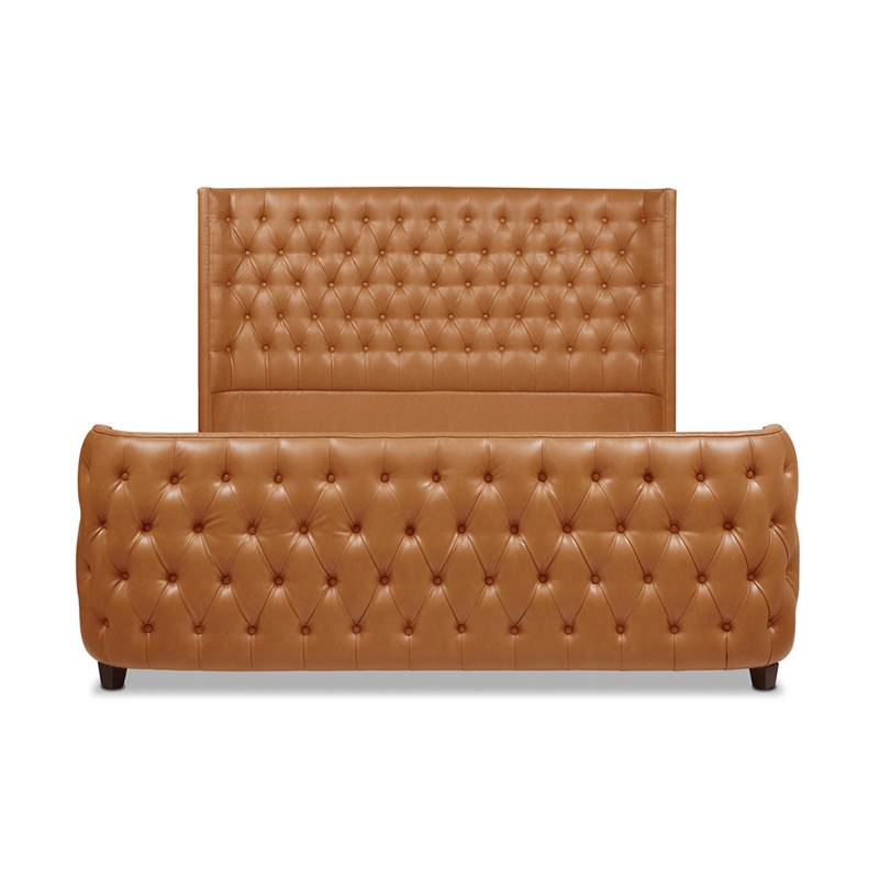 Maklaine Faux Leather Tufted Bed King in Caramel Tan Brown Finish