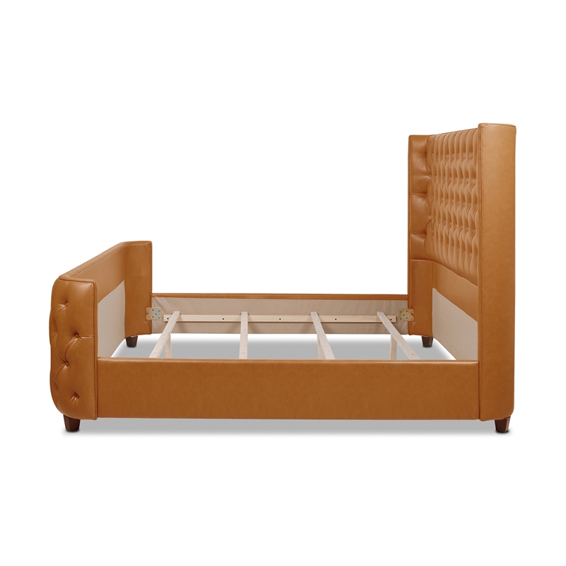 Maklaine Faux Leather Tufted Bed King in Caramel Tan Brown Finish