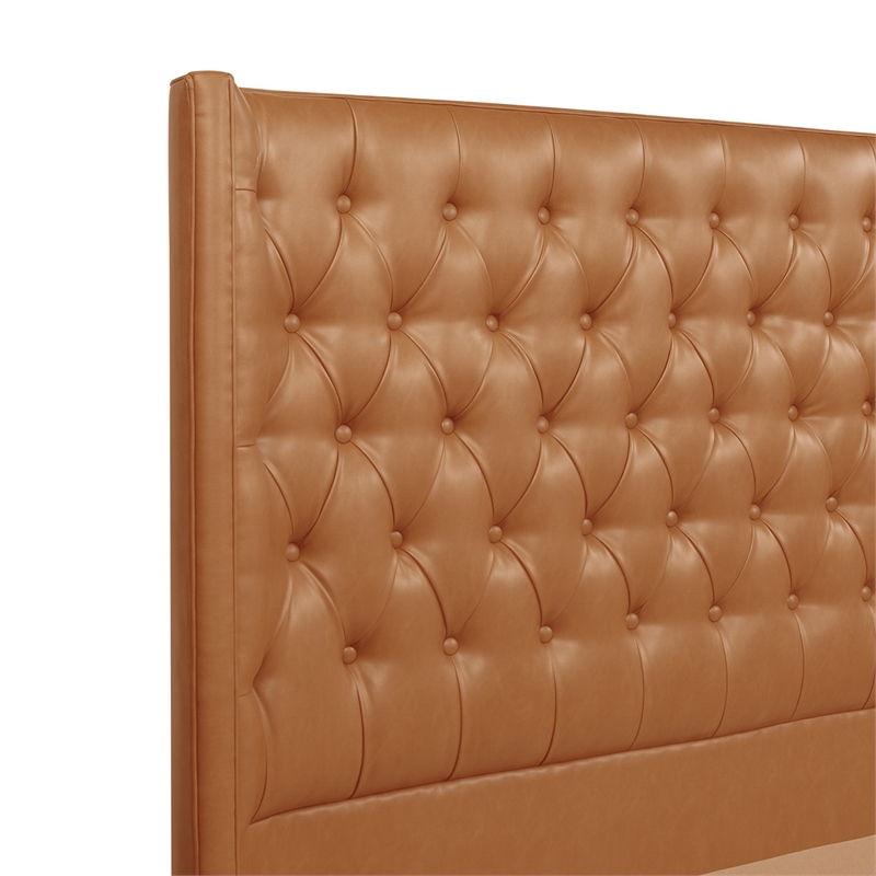 Maklaine Faux Leather Tufted Bed King in Caramel Tan Brown Finish