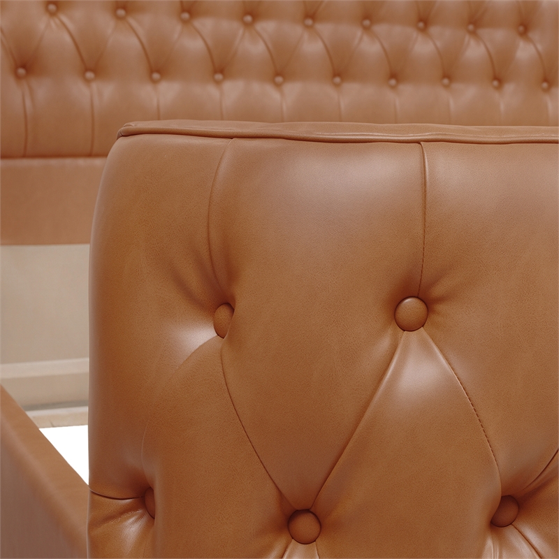 Maklaine Faux Leather Tufted Bed King in Caramel Tan Brown Finish