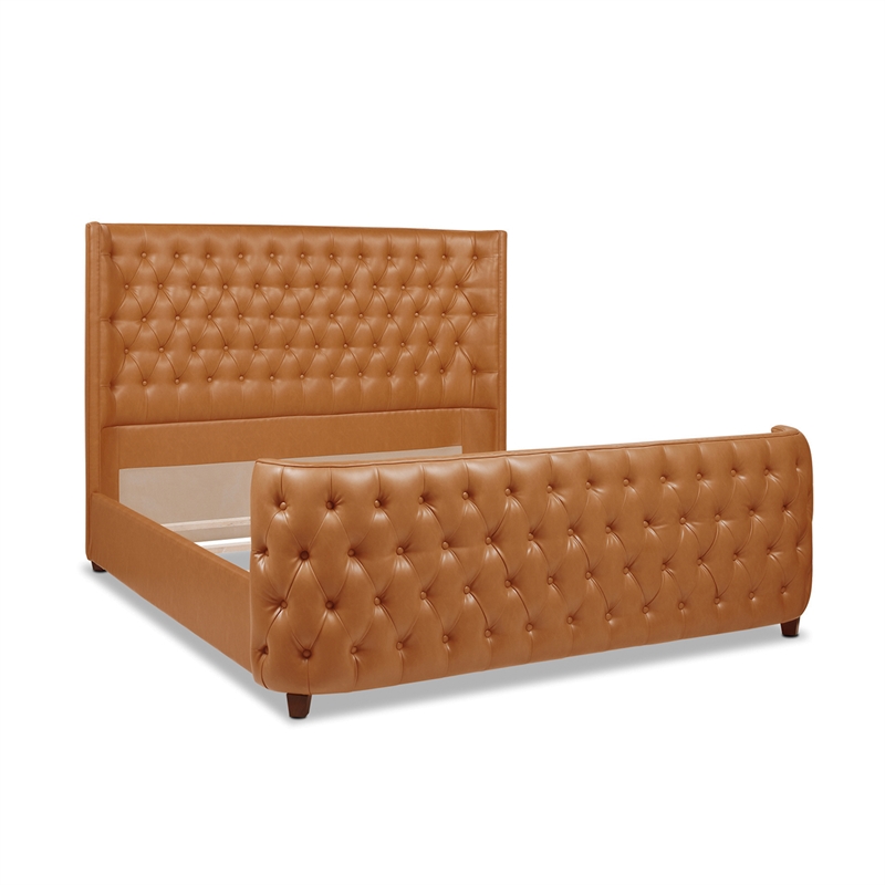 Maklaine Faux Leather Tufted Bed King in Caramel Tan Brown Finish