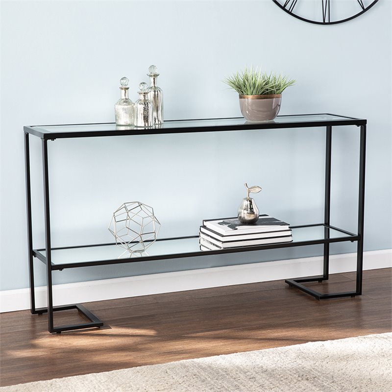 Maklaine Contemporary Tempered Glass Console Table in Black Finish