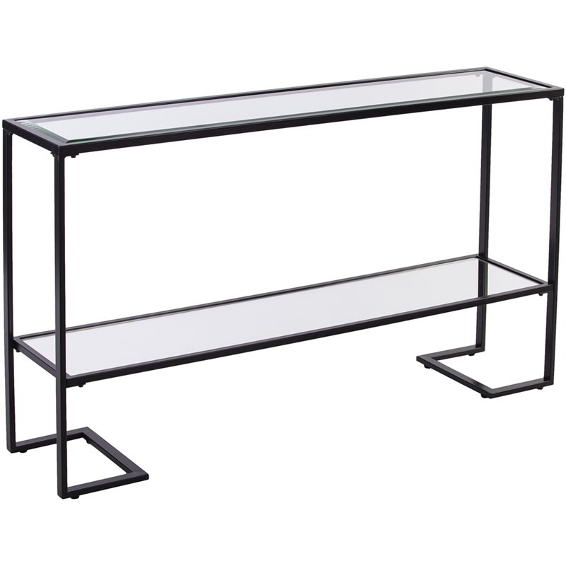Maklaine Contemporary Tempered Glass Console Table in Black Finish
