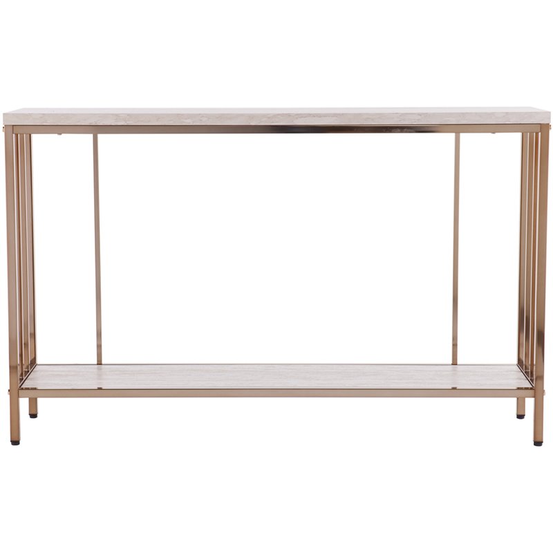 Maklaine Engineered Wood Faux Stone Top Console Table in Champagne and White