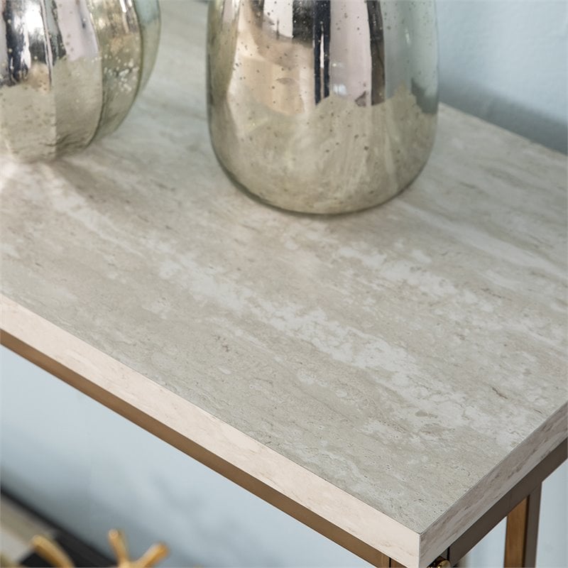 Maklaine Engineered Wood Faux Stone Top Console Table in Champagne and White