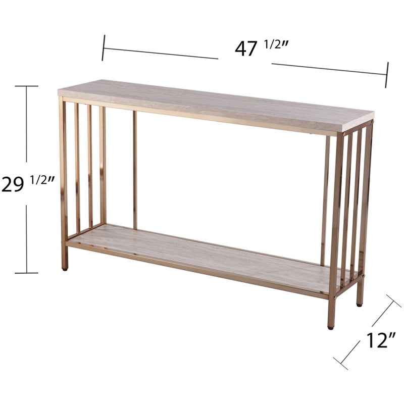 Maklaine Engineered Wood Faux Stone Top Console Table in Champagne and White