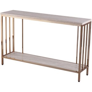 maklaine engineered wood faux stone top console table in champagne and white