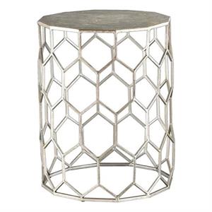 maklaine eclectic geometric metal accent end table in antique silver