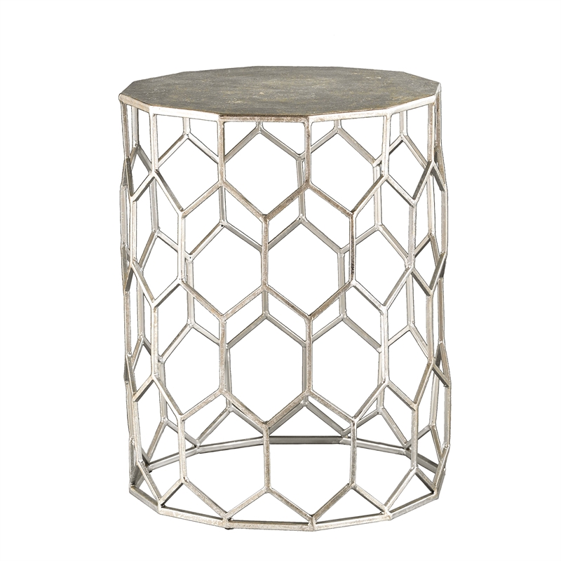 Maklaine Eclectic Geometric Metal Accent End Table in Antique Silver
