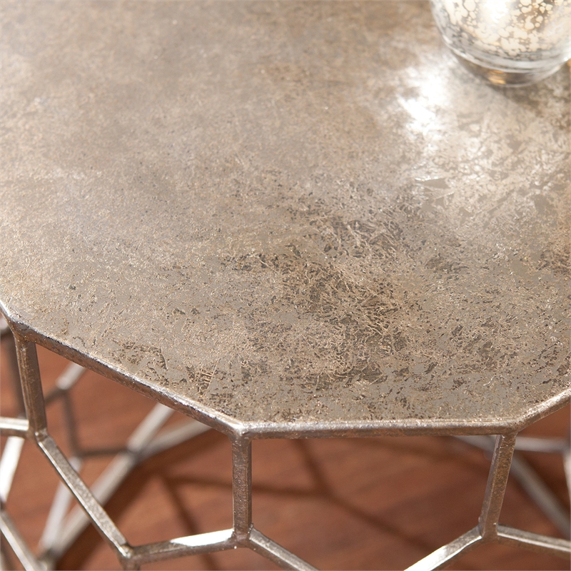 Maklaine Eclectic Geometric Metal Accent End Table in Antique Silver