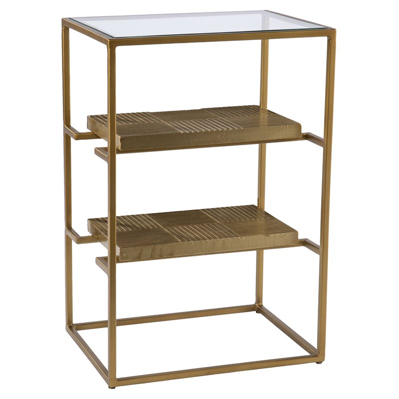 Maklaine Contemporary Metal End Table with Glass Top in Brass