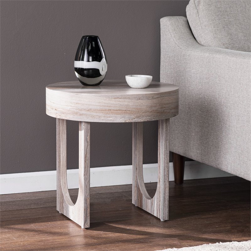 Maklaine Contemporary Round Wood-Faux Marble End Table in Brown