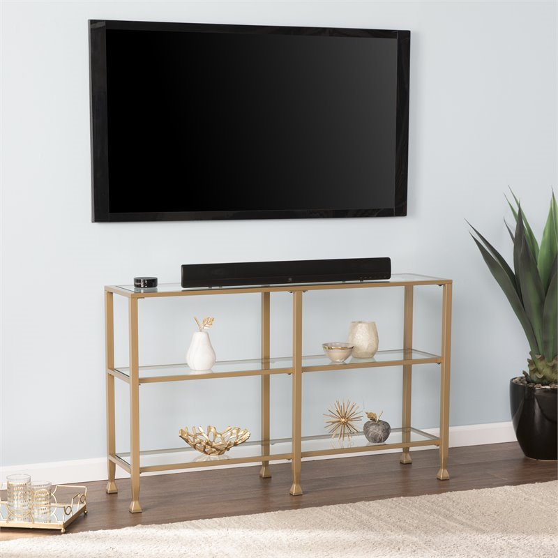 Maklaine Contemporary 2 Shelf Narrow Glass Top Console Table in Gold