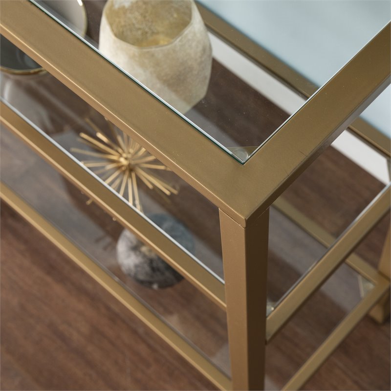 Maklaine Contemporary 2 Shelf Narrow Glass Top Console Table in Gold