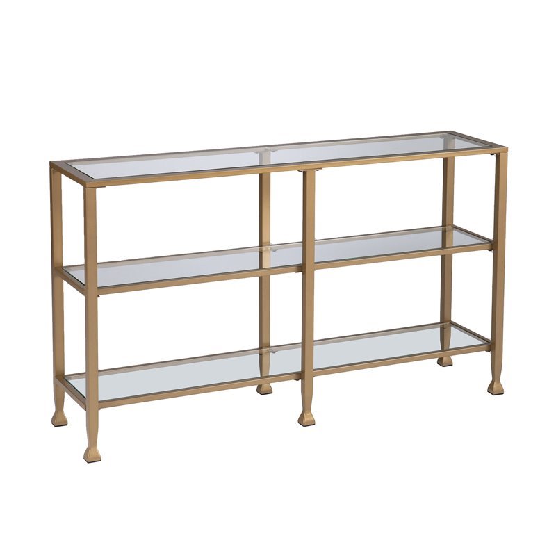 Maklaine Contemporary 2 Shelf Narrow Glass Top Console Table in Gold