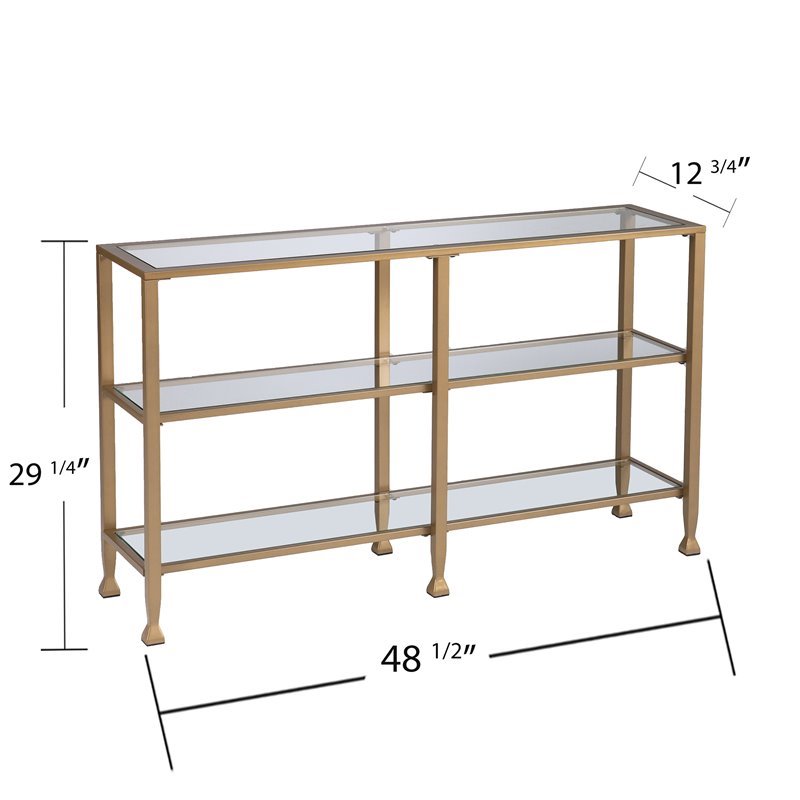 Maklaine Contemporary 2 Shelf Narrow Glass Top Console Table in Gold