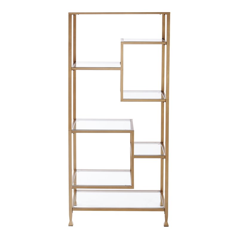 Maklaine Contemporary Metal-Glass Asymmetrical Bookcase in Soft Gold