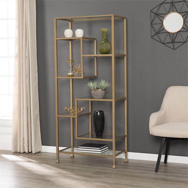 Maklaine Contemporary Metal-Glass Asymmetrical Bookcase in Soft Gold